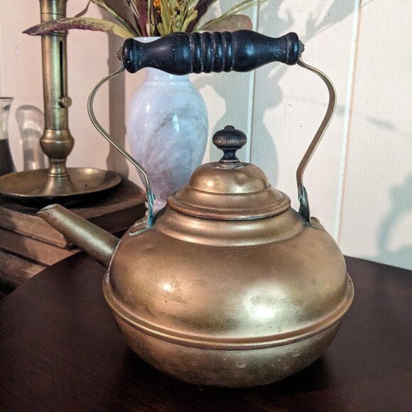 Vintage Brass Teapot Kettle With Black Wood Handle - Picture 1 of 12